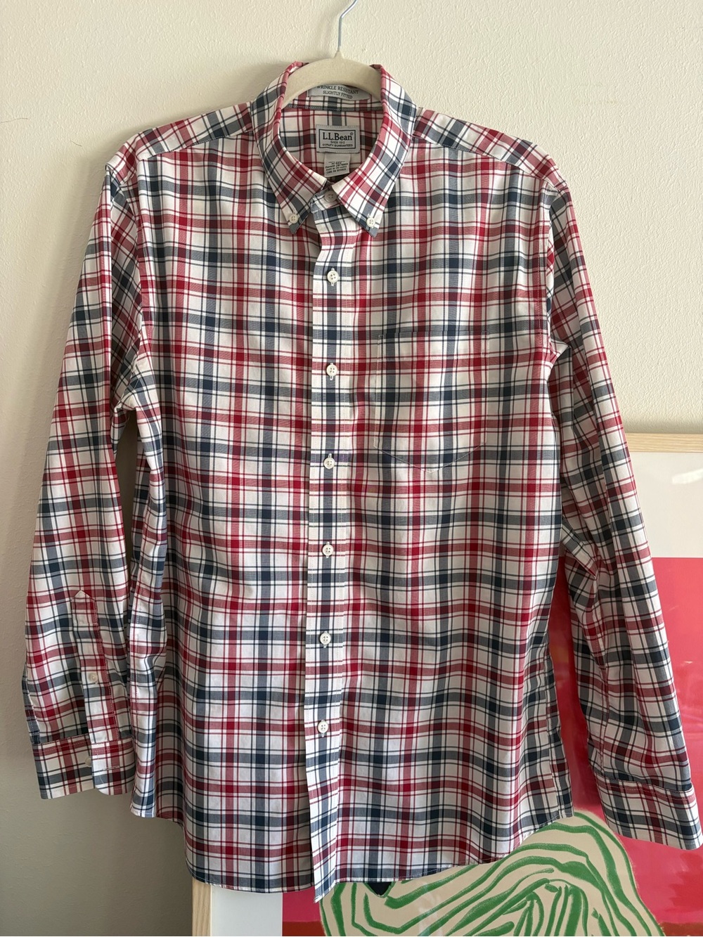 L.L. Bean Men's Red White Navy Plaid Cotton Button-Down Shirt